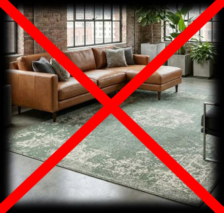 A living room with a large rug on the floor — the look we're asking you to skip